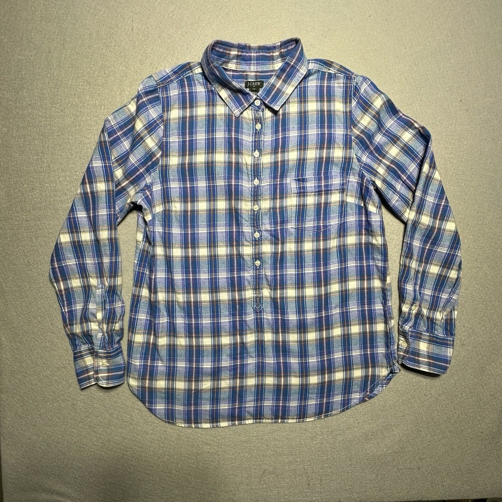 J Crew Shirt Womens Medium Button Front Blue Plaid Long Sleeve